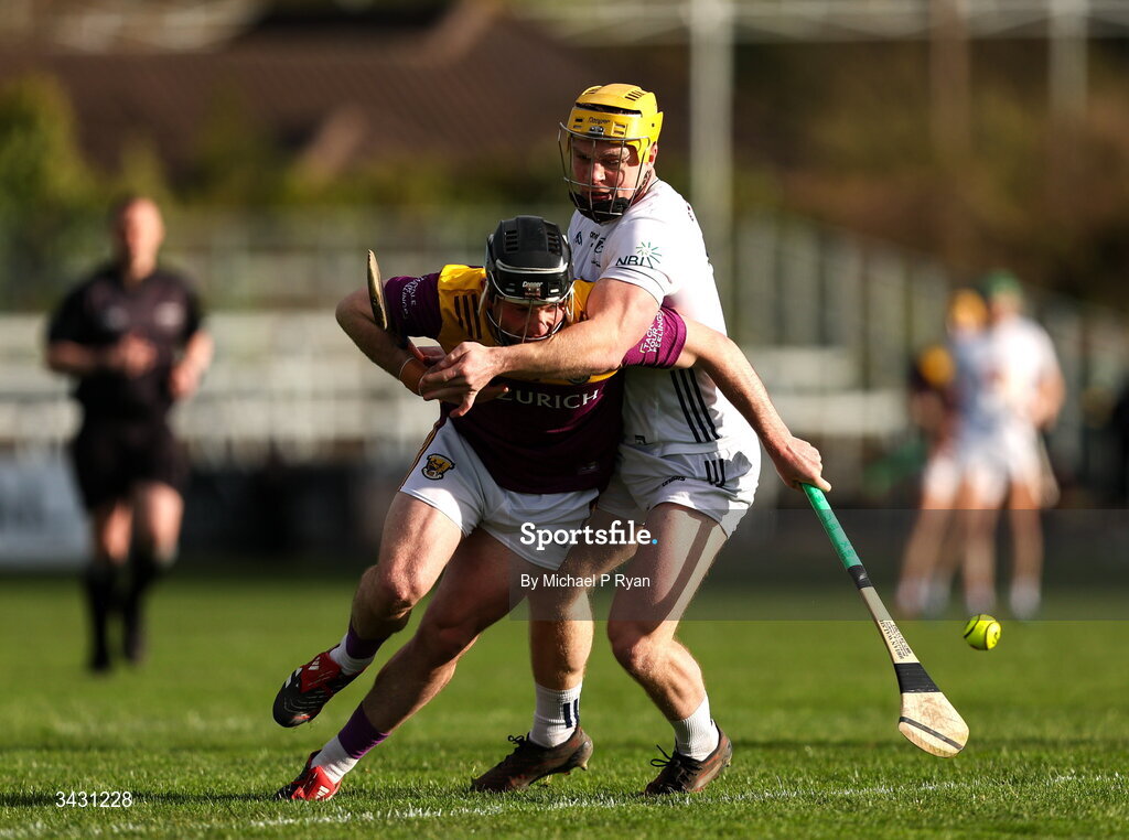 18 April 2026; Kevin Foley of Wexford in action against Simon Leacy of Kildare during the Leinster GAA Senior Hurling Championship Round 1 match between Kildare and Wexford at Cedral St Conleth's Park in Newbridge, Kildare. Photo by Michael P Ryan/Sportsfile