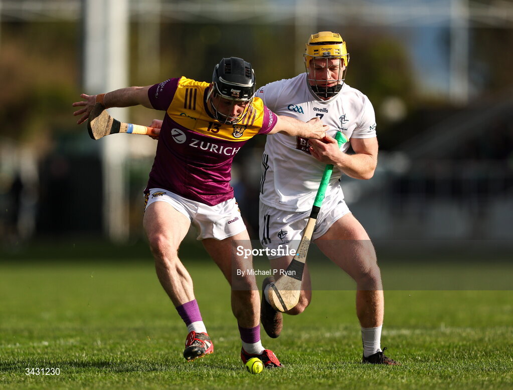18 April 2026; Kevin Foley of Wexford in action against Simon Leacy of Kildare during the Leinster GAA Senior Hurling Championship Round 1 match between Kildare and Wexford at Cedral St Conleth's Park in Newbridge, Kildare. Photo by Michael P Ryan/Sportsfile