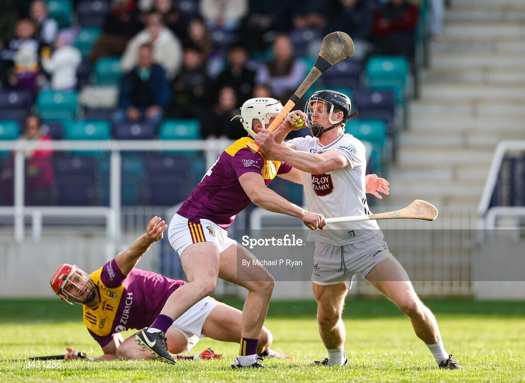 18 April 2026; Jack Redmond of Wexford in action against Rian Boran of Kildare during the Leinster GAA Senior Hurling Championship Round 1 match between Kildare and Wexford at Cedral St Conleth's Park in Newbridge, Kildare. Photo by Michael P Ryan/Sportsfile