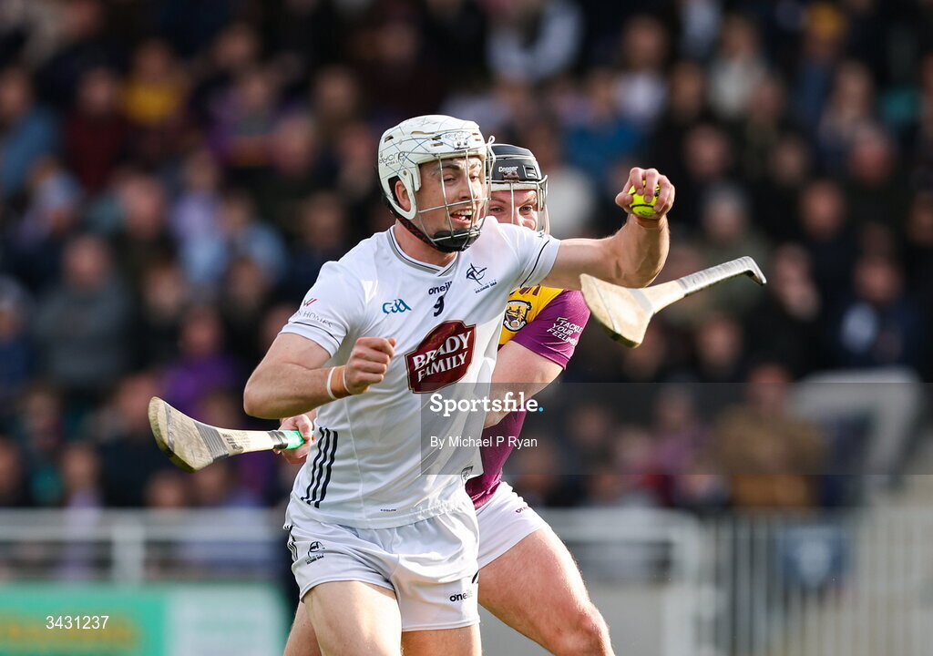 18 April 2026; Conan Boran of Kildare in action against Kevin Foley of Wexford during the Leinster GAA Senior Hurling Championship Round 1 match between Kildare and Wexford at Cedral St Conleth's Park in Newbridge, Kildare. Photo by Michael P Ryan/Sportsfile