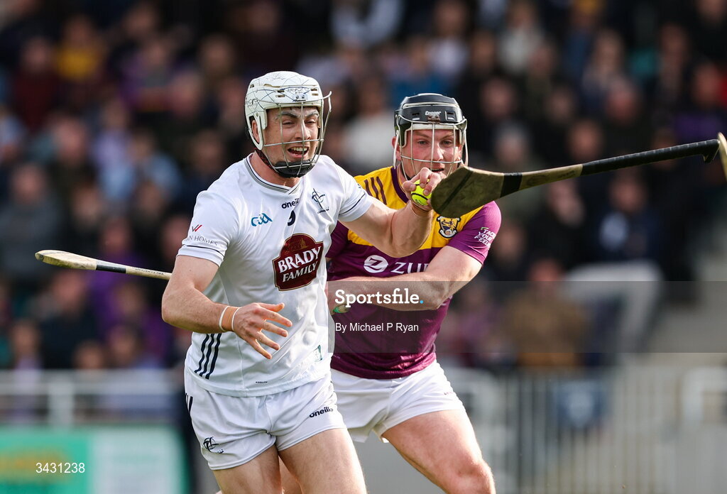 18 April 2026; Conan Boran of Kildare in action against Kevin Foley of Wexford during the Leinster GAA Senior Hurling Championship Round 1 match between Kildare and Wexford at Cedral St Conleth's Park in Newbridge, Kildare. Photo by Michael P Ryan/Sportsfile