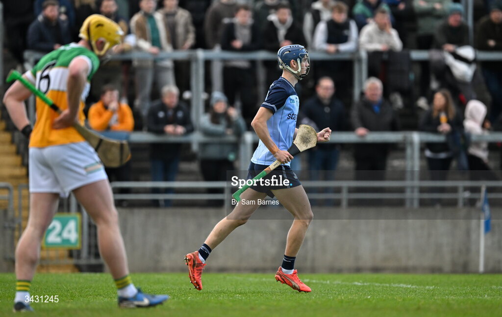 18 April 2026; Brian Hayes of Dublin celebrates after scoring his side's first goal during the Leinster GAA Senior Hurling Championship Round 1 match between Offaly and Dublin at Glenisk O'Connor Park in Tullamore, Offaly. Photo by Sam Barnes/Sportsfile