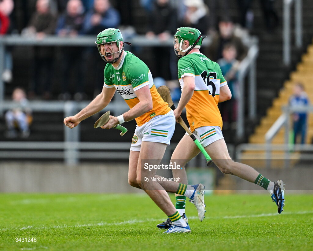 18 April 2026; Brian Duignan of Offaly celebrates after scoring his side's first goal against Dublin during the Leinster GAA Senior Hurling Championship Round 1 match between Offaly and Dublin at Glenisk O'Connor Park in Tullamore, Offaly. Photo by Mark Kavanagh/Sportsfile