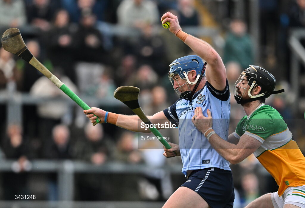 18 April 2026; John Hetherton of Dublin in action against Ben Conneely of Offaly during the Leinster GAA Senior Hurling Championship Round 1 match between Offaly and Dublin at Glenisk O'Connor Park in Tullamore, Offaly. Photo by Sam Barnes/Sportsfile