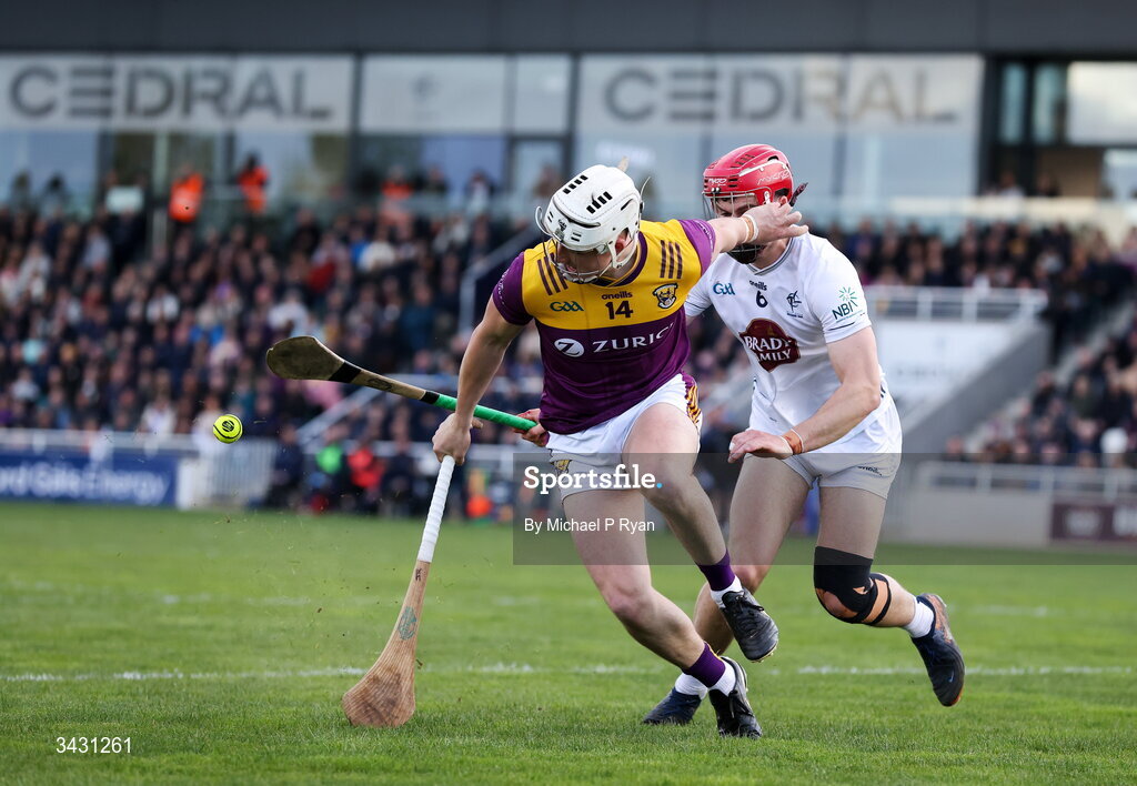 18 April 2026; Jack Redmond of Wexford in action against Cian Boran of Kildare during the Leinster GAA Senior Hurling Championship Round 1 match between Kildare and Wexford at Cedral St Conleth's Park in Newbridge, Kildare. Photo by Michael P Ryan/Sportsfile