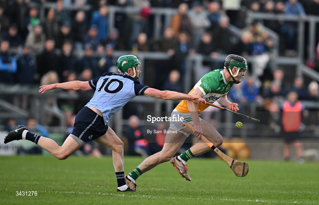 18 April 2026; Ter Guinan of Offaly is tackled by Fergal Whitely of Dublin during the Leinster GAA Senior Hurling Championship Round 1 match between Offaly and Dublin at Glenisk O'Connor Park in Tullamore, Offaly. Photo by Sam Barnes/Sportsfile