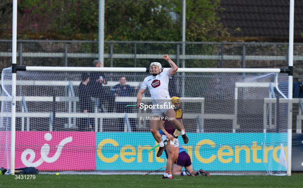 18 April 2026; Muiris Curtin of Kildare celebrates his sides first goal scored by teammate Jack Sheridan, not pitcured, during the Leinster GAA Senior Hurling Championship Round 1 match between Kildare and Wexford at Cedral St Conleth's Park in Newbridge, Kildare. Photo by Michael P Ryan/Sportsfile