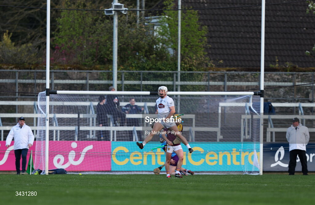 18 April 2026; Muiris Curtin of Kildare celebrates his sides first goal scored by teammate Jack Sheridan, not pitcured, during the Leinster GAA Senior Hurling Championship Round 1 match between Kildare and Wexford at Cedral St Conleth's Park in Newbridge, Kildare. Photo by Michael P Ryan/Sportsfile