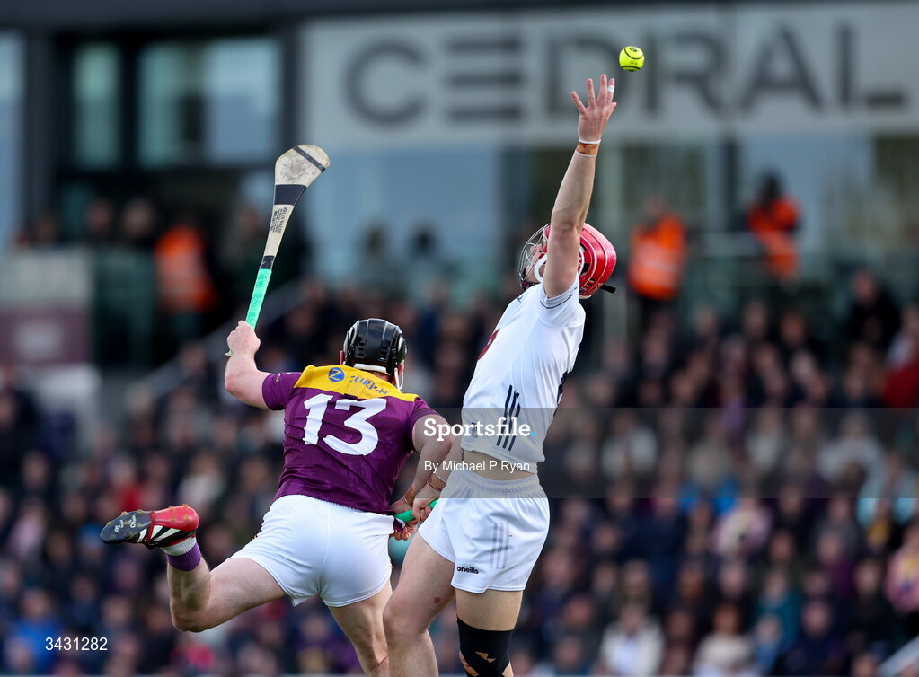 18 April 2026; Cian Boran of Kildare in action against Kevin Foley of Wexford during the Leinster GAA Senior Hurling Championship Round 1 match between Kildare and Wexford at Cedral St Conleth's Park in Newbridge, Kildare. Photo by Michael P Ryan/Sportsfile