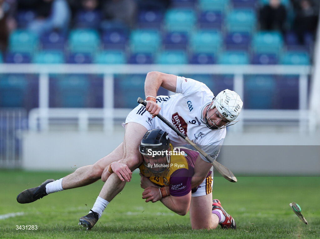 18 April 2026; Kevin Foley of Wexford is tackled by Conan Boran of Kildare during the Leinster GAA Senior Hurling Championship Round 1 match between Kildare and Wexford at Cedral St Conleth's Park in Newbridge, Kildare. Photo by Michael P Ryan/Sportsfile