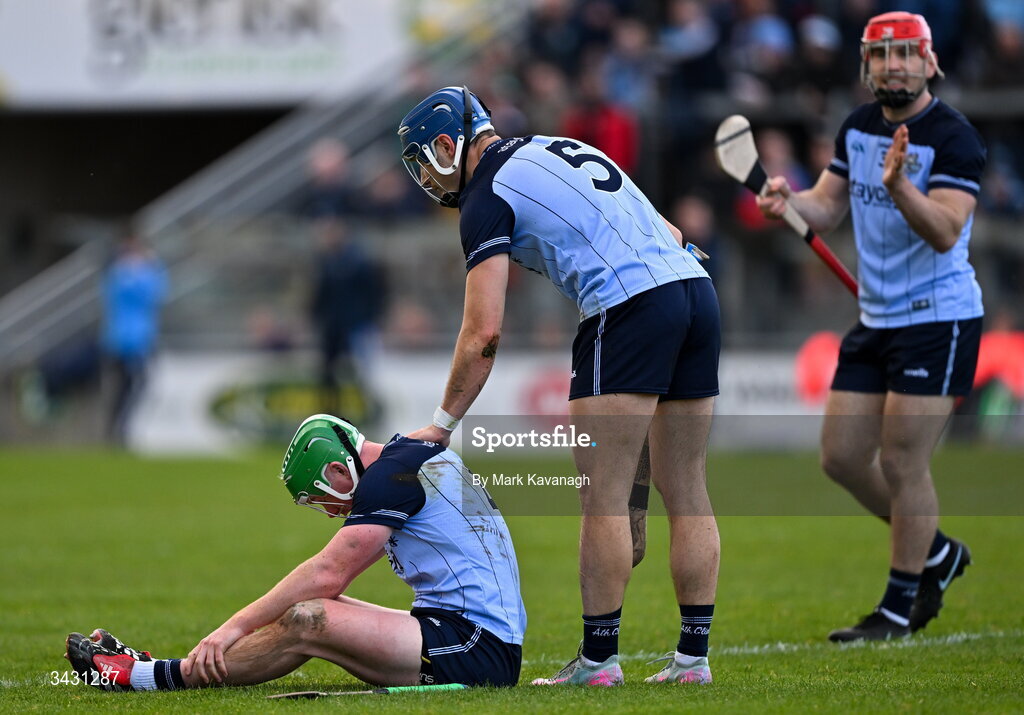 18 April 2026; Conor McHugh of Dublin, left, and Eoghan O'Donnell of Dublin during the Leinster GAA Senior Hurling Championship Round 1 match between Offaly and Dublin at Glenisk O'Connor Park in Tullamore, Offaly. Photo by Mark Kavanagh/Sportsfile