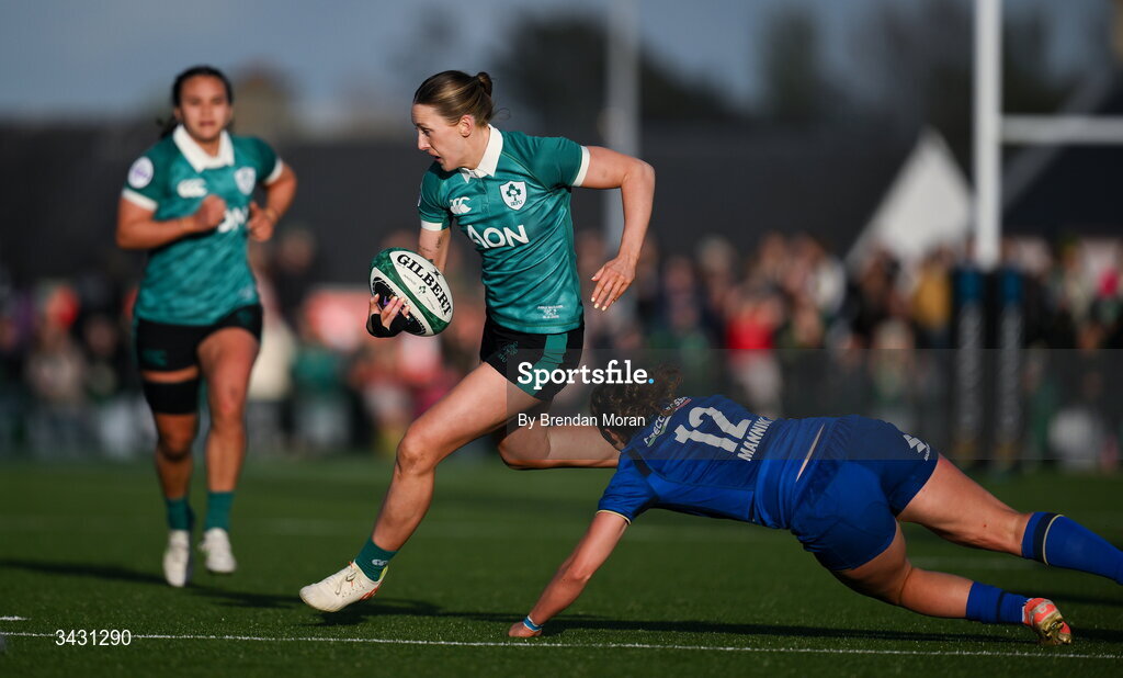 18 April 2026; Anna McGann of Ireland breaks clear of Sara Mannini of Italy during the Women's Six Nations Rugby Championship match between Ireland and Italy at Dexcom Stadium in Galway. Photo by Brendan Moran/Sportsfile