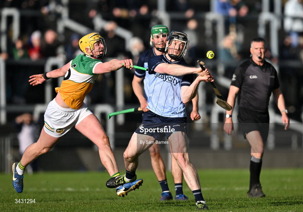 18 April 2026; Cian O'Sullivan of Dublin in action against Killian Sampson of Offaly during the Leinster GAA Senior Hurling Championship Round 1 match between Offaly and Dublin at Glenisk O'Connor Park in Tullamore, Offaly. Photo by Sam Barnes/Sportsfile