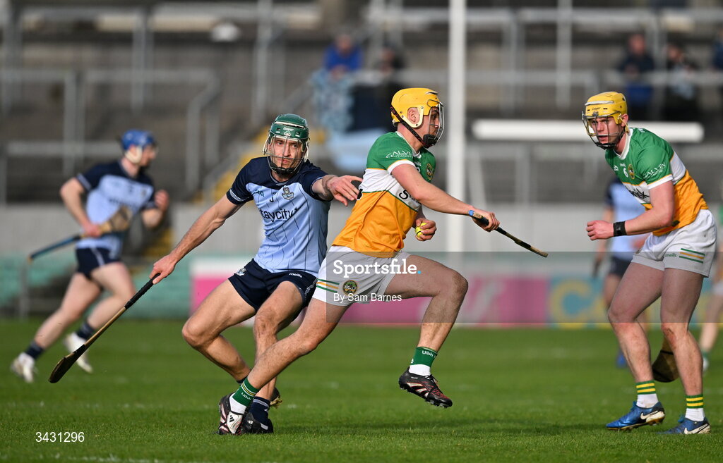 18 April 2026; Conor Doyle of Offaly in action against Chris Crummey of Dublin during the Leinster GAA Senior Hurling Championship Round 1 match between Offaly and Dublin at Glenisk O'Connor Park in Tullamore, Offaly. Photo by Sam Barnes/Sportsfile