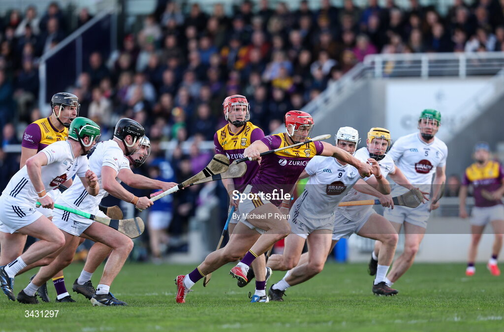 18 April 2026; Lee Chin of Wexford makes a break during the Leinster GAA Senior Hurling Championship Round 1 match between Kildare and Wexford at Cedral St Conleth's Park in Newbridge, Kildare. Photo by Michael P Ryan/Sportsfile