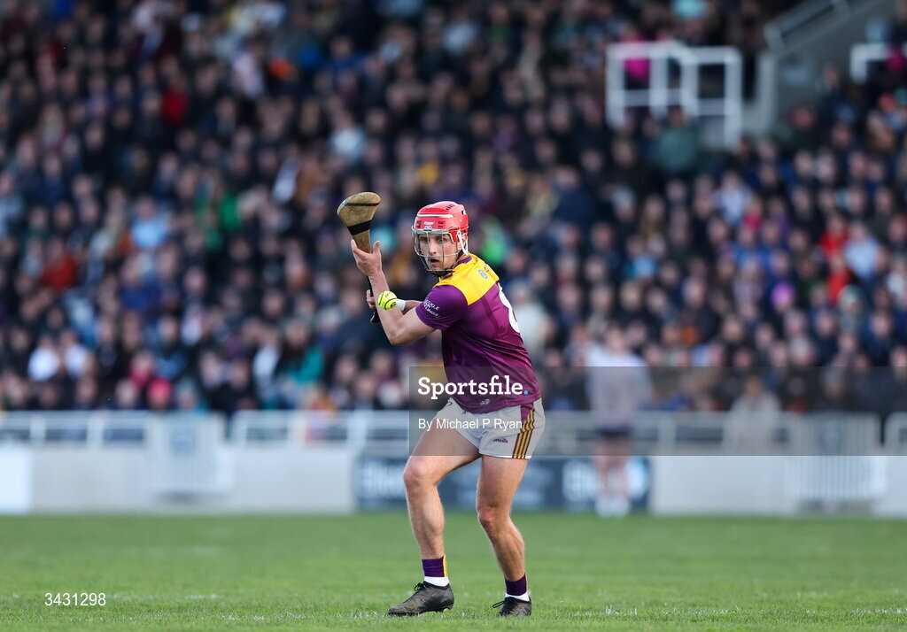 18 April 2026; Conor Hearne of Wexford scores a point during the Leinster GAA Senior Hurling Championship Round 1 match between Kildare and Wexford at Cedral St Conleth's Park in Newbridge, Kildare. Photo by Michael P Ryan/Sportsfile