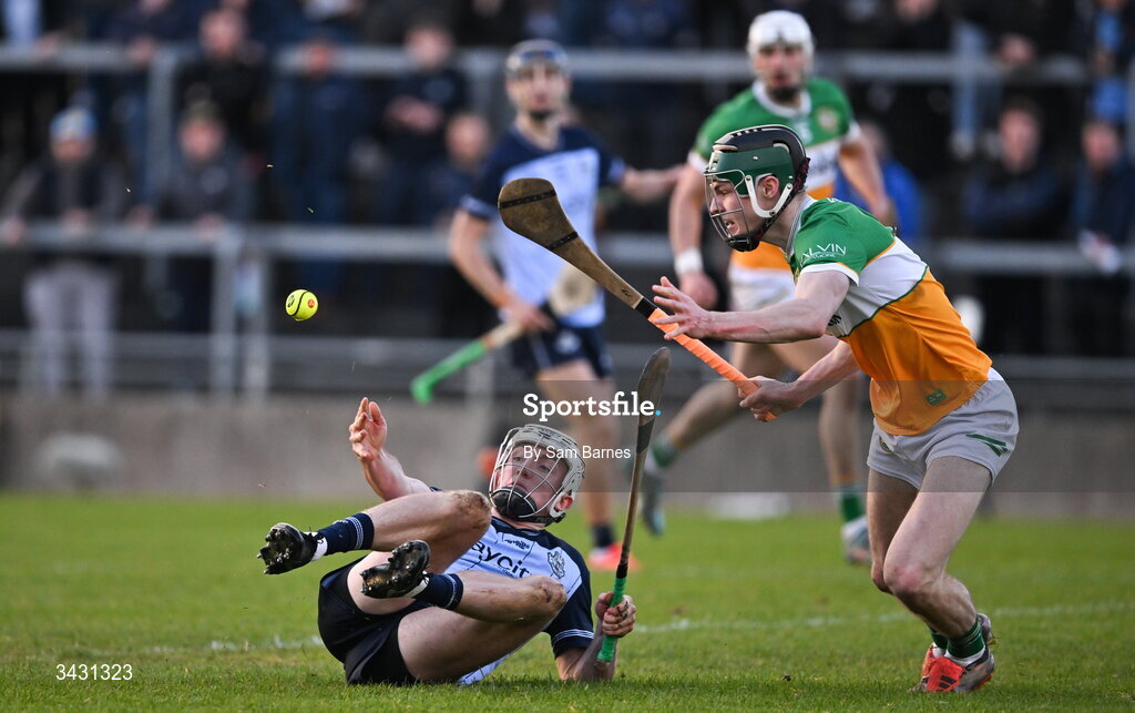 18 April 2026; Darragh Power of Dublin in action against Ter Guinan of Offaly during the Leinster GAA Senior Hurling Championship Round 1 match between Offaly and Dublin at Glenisk O'Connor Park in Tullamore, Offaly. Photo by Sam Barnes/Sportsfile