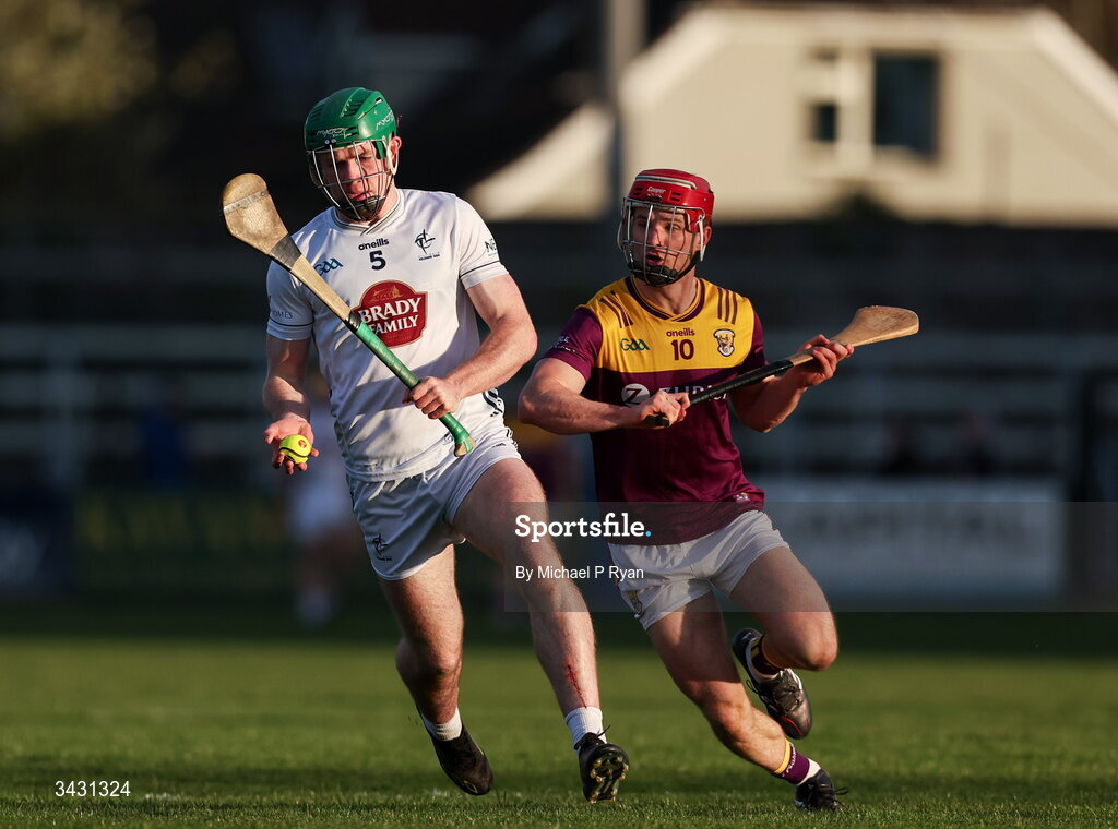 18 April 2026; Paul Dolan of Kildare in action against Ross Banville of Wexford during the Leinster GAA Senior Hurling Championship Round 1 match between Kildare and Wexford at Cedral St Conleth's Park in Newbridge, Kildare. Photo by Michael P Ryan/Sportsfile