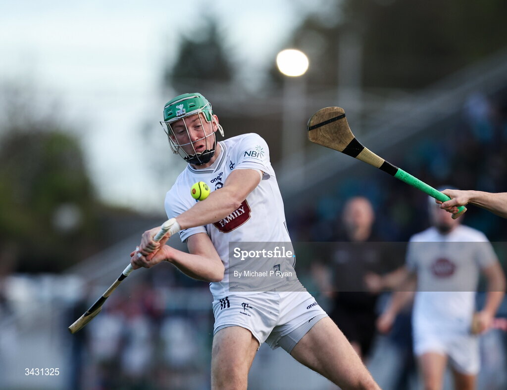 18 April 2026; Jack Sheridan of Kildare scores a point during the Leinster GAA Senior Hurling Championship Round 1 match between Kildare and Wexford at Cedral St Conleth's Park in Newbridge, Kildare. Photo by Michael P Ryan/Sportsfile