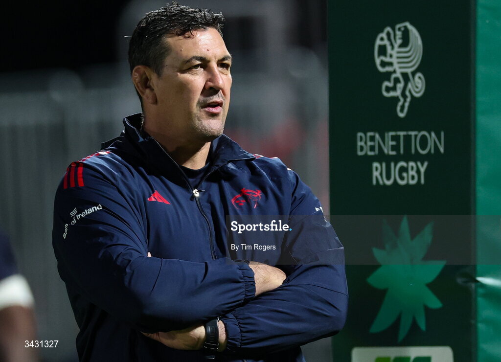 18 April 2026; Munster head coach Clayton McMillan during the warm up ahead of the United Rugby Championship match between Benetton and Munster at Stadio Monigo in Treviso, Italy. Photo by Tim Rogers/Sportsfile