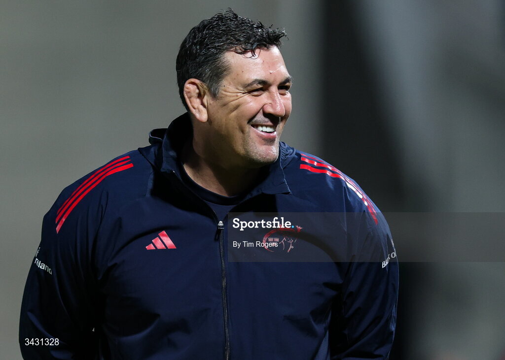18 April 2026; Munster head coach Clayton McMillan during the warm up ahead of the United Rugby Championship match between Benetton and Munster at Stadio Monigo in Treviso, Italy. Photo by Tim Rogers/Sportsfile