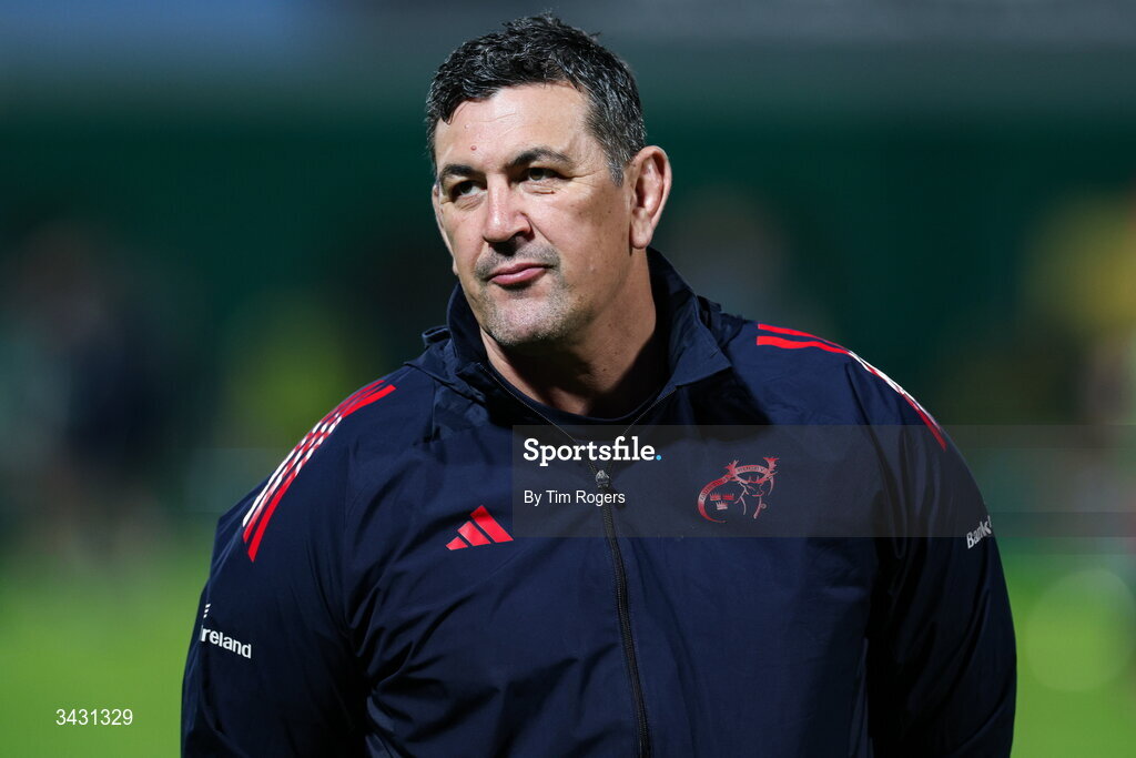18 April 2026; Munster head coach Clayton McMillan during the warm up ahead of the United Rugby Championship match between Benetton and Munster at Stadio Monigo in Treviso, Italy. Photo by Tim Rogers/Sportsfile