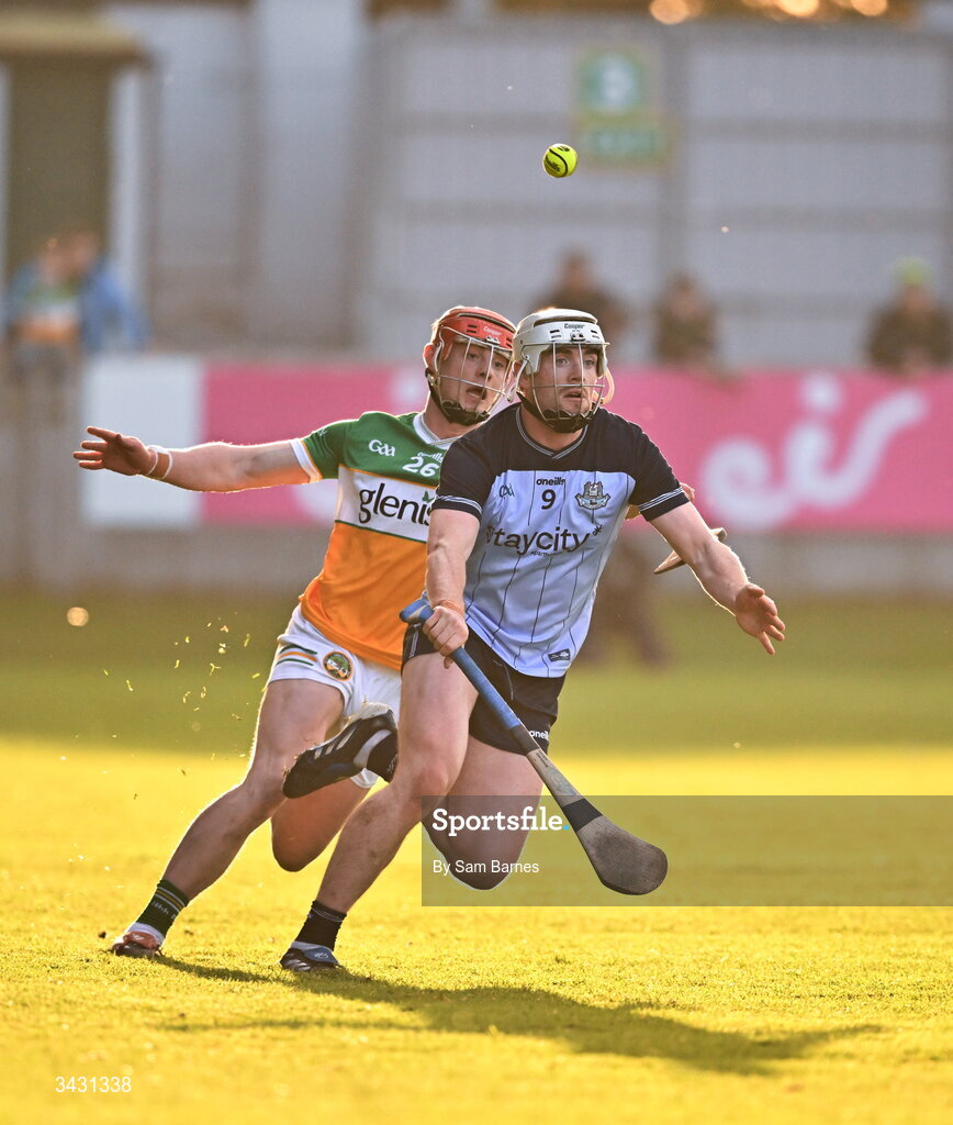 18 April 2026; Conor Donohoe of Dublin in action against Charlie Mitchell of Offaly during the Leinster GAA Senior Hurling Championship Round 1 match between Offaly and Dublin at Glenisk O'Connor Park in Tullamore, Offaly. Photo by Sam Barnes/Sportsfile