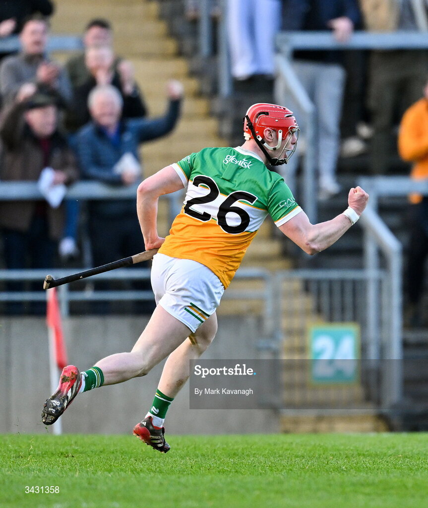 18 April 2026; Charlie Mitchell of Offaly celebrates after scoring his side's fourth goal during the Leinster GAA Senior Hurling Championship Round 1 match between Offaly and Dublin at Glenisk O'Connor Park in Tullamore, Offaly. Photo by Mark Kavanagh/Sportsfile