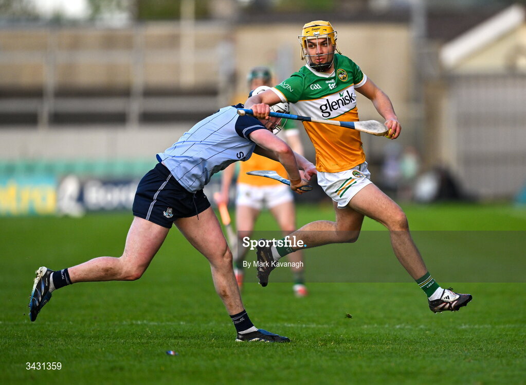 18 April 2026; Conor Doyle of Offaly in action against Conor Donohoe of Dublin during the Leinster GAA Senior Hurling Championship Round 1 match between Offaly and Dublin at Glenisk O'Connor Park in Tullamore, Offaly. Photo by Mark Kavanagh/Sportsfile