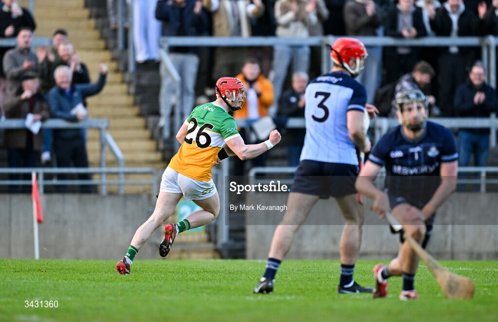 18 April 2026; Charlie Mitchell of Offaly celebrates after scoring his side's fourth goal during the Leinster GAA Senior Hurling Championship Round 1 match between Offaly and Dublin at Glenisk O'Connor Park in Tullamore, Offaly. Photo by Mark Kavanagh/Sportsfile