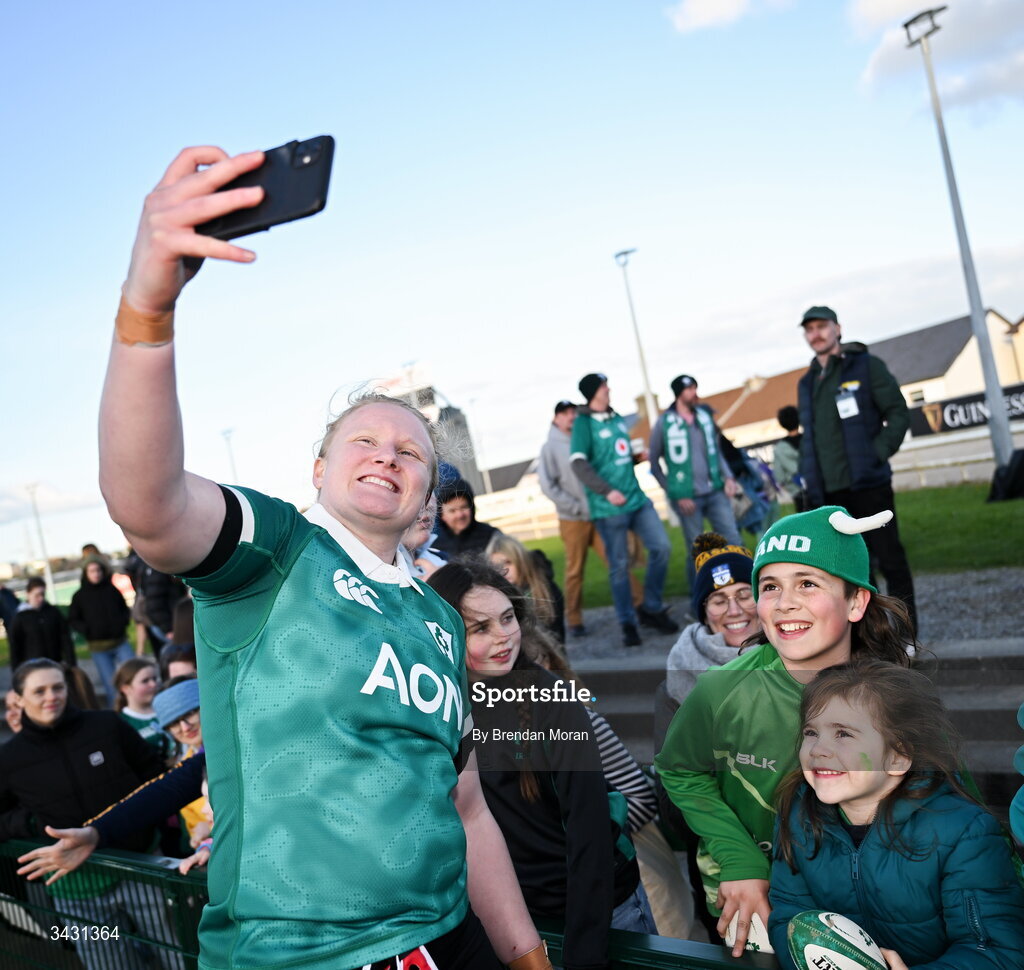 18 April 2026; Aoife Wafer of Ireland poses for a selfie with supporters after the Women's Six Nations Rugby Championship match between Ireland and Italy at Dexcom Stadium in Galway. Photo by Brendan Moran/Sportsfile