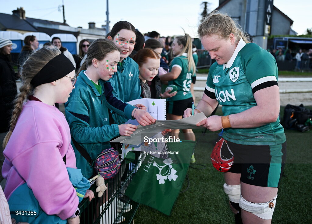 18 April 2026; Aoife Wafer of Ireland signs autographs for supporters after the Women's Six Nations Rugby Championship match between Ireland and Italy at Dexcom Stadium in Galway. Photo by Brendan Moran/Sportsfile