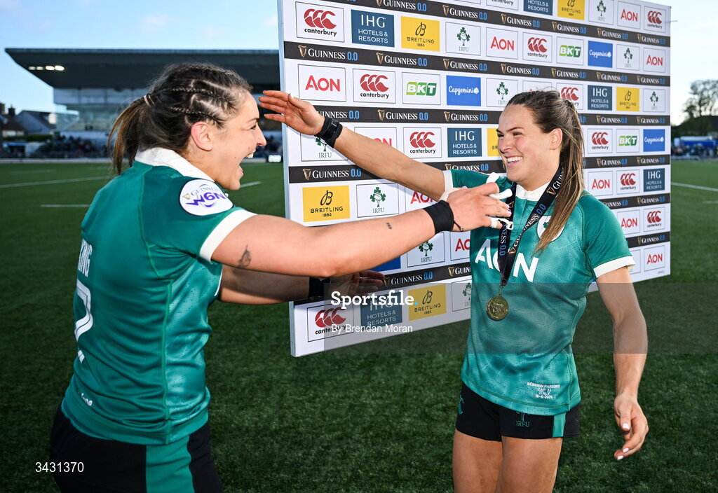 18 April 2026; Player of the Match Béibhinn Parsons of Ireland, right, celebrates with captain Erin King after the Women's Six Nations Rugby Championship match between Ireland and Italy at Dexcom Stadium in Galway. Photo by Brendan Moran/Sportsfile