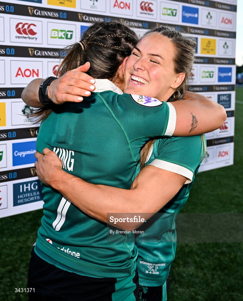 18 April 2026; Player of the Match Béibhinn Parsons of Ireland, right, celebrates with captain Erin King after the Women's Six Nations Rugby Championship match between Ireland and Italy at Dexcom Stadium in Galway. Photo by Brendan Moran/Sportsfile