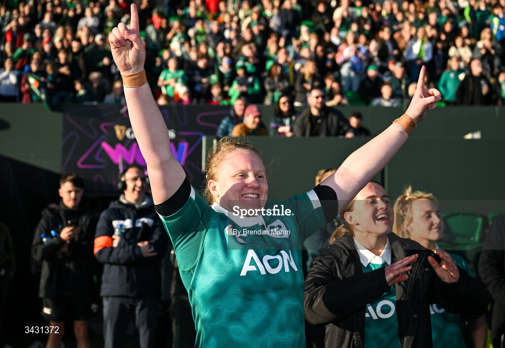 18 April 2026; Aoife Wafer of Ireland celebrates her side's victory in the Women's Six Nations Rugby Championship match between Ireland and Italy at Dexcom Stadium in Galway. Photo by Brendan Moran/Sportsfile