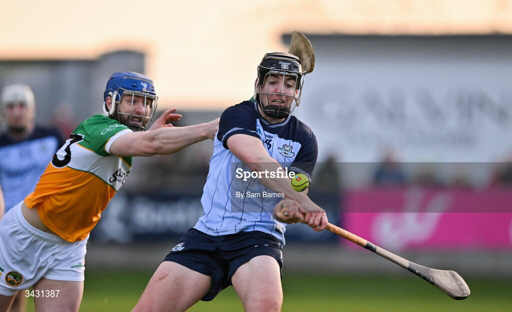 18 April 2026; Dónal Burke of Dublin scores a point to level the game late on despite the efforts of Jack Clancy of Offaly during the Leinster GAA Senior Hurling Championship Round 1 match between Offaly and Dublin at Glenisk O'Connor Park in Tullamore, Offaly. Photo by Sam Barnes/Sportsfile
