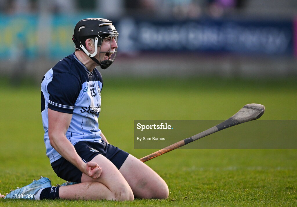 18 April 2026; Dónal Burke of Dublin celebrates a late score to level the game during the Leinster GAA Senior Hurling Championship Round 1 match between Offaly and Dublin at Glenisk O'Connor Park in Tullamore, Offaly. Photo by Sam Barnes/Sportsfile
