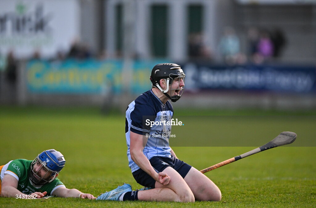 18 April 2026; Dónal Burke of Dublin celebrates a late score to level the game as Jack Clancy of Offaly looks on during the Leinster GAA Senior Hurling Championship Round 1 match between Offaly and Dublin at Glenisk O'Connor Park in Tullamore, Offaly. Photo by Sam Barnes/Sportsfile
