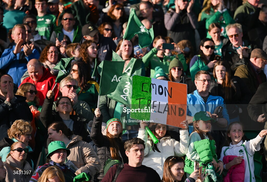 18 April 2026; Ireland supporters cheer their team after the Women's Six Nations Rugby Championship match between Ireland and Italy at Dexcom Stadium in Galway. Photo by Brendan Moran/Sportsfile