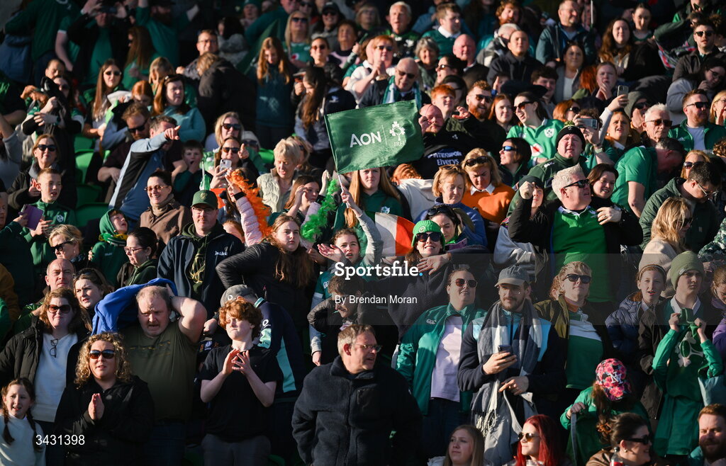 18 April 2026; Ireland supporters cheer their team after the Women's Six Nations Rugby Championship match between Ireland and Italy at Dexcom Stadium in Galway. Photo by Brendan Moran/Sportsfile