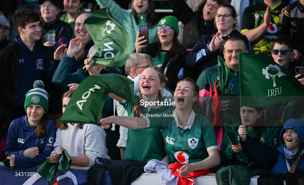 18 April 2026; Ireland supporters cheer their team after the Women's Six Nations Rugby Championship match between Ireland and Italy at Dexcom Stadium in Galway. Photo by Brendan Moran/Sportsfile