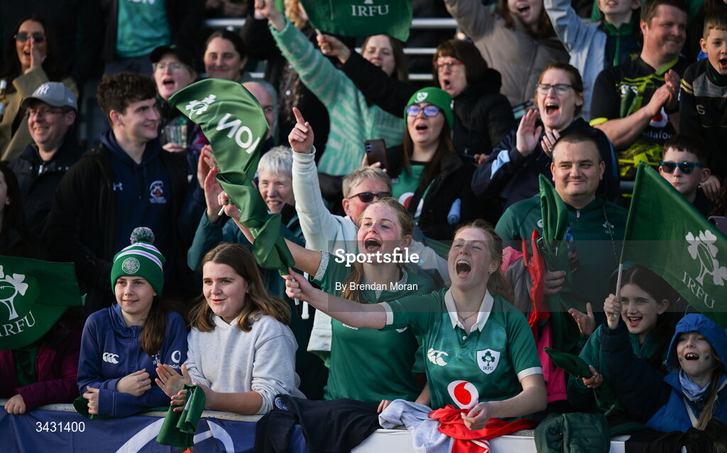 18 April 2026; Ireland supporters cheer their team after the Women's Six Nations Rugby Championship match between Ireland and Italy at Dexcom Stadium in Galway. Photo by Brendan Moran/Sportsfile