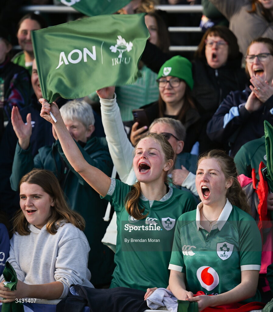 18 April 2026; Ireland supporters cheer their team after the Women's Six Nations Rugby Championship match between Ireland and Italy at Dexcom Stadium in Galway. Photo by Brendan Moran/Sportsfile