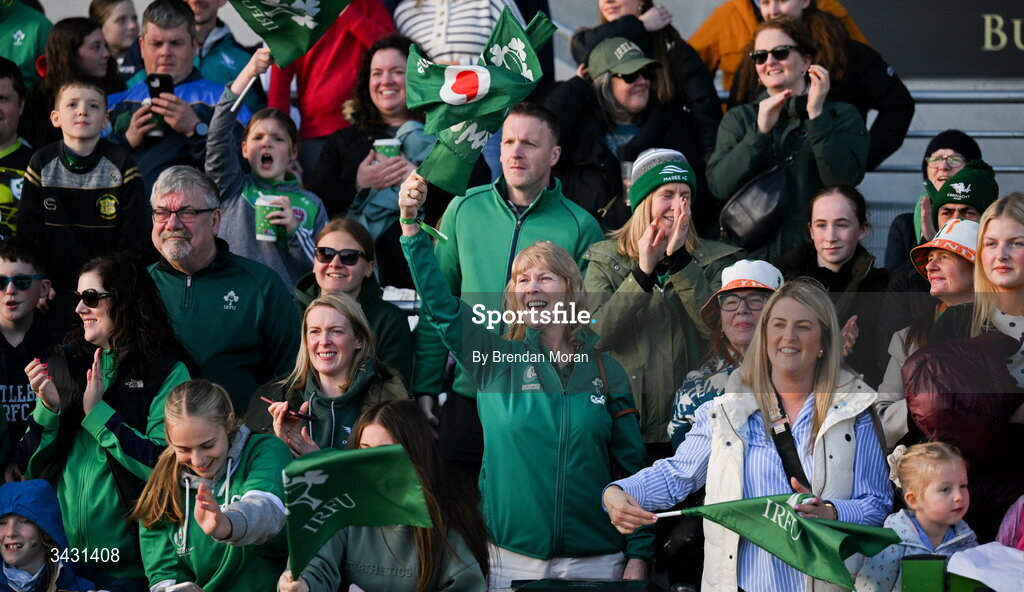 18 April 2026; Ireland supporters during the Women's Six Nations Rugby Championship match between Ireland and Italy at Dexcom Stadium in Galway. Photo by Brendan Moran/Sportsfile