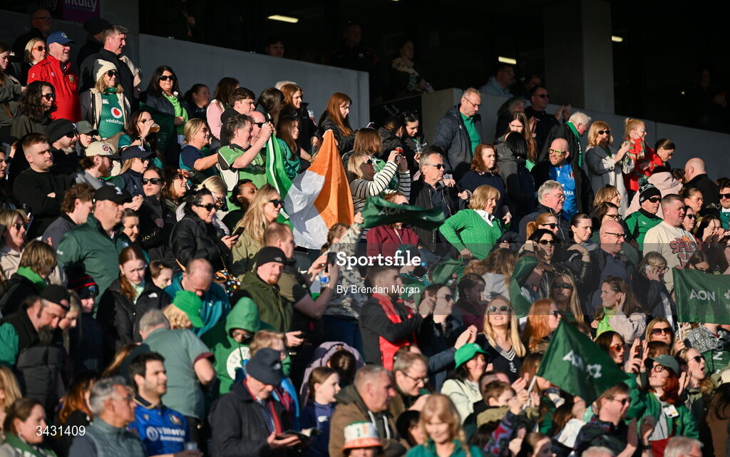 18 April 2026; Ireland supporters cheer their team after the Women's Six Nations Rugby Championship match between Ireland and Italy at Dexcom Stadium in Galway. Photo by Brendan Moran/Sportsfile