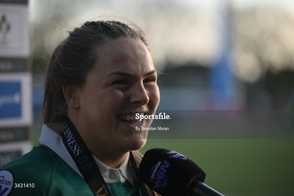 18 April 2026; Béibhinn Parsons of Ireland after the Women's Six Nations Rugby Championship match between Ireland and Italy at Dexcom Stadium in Galway. Photo by Brendan Moran/Sportsfile