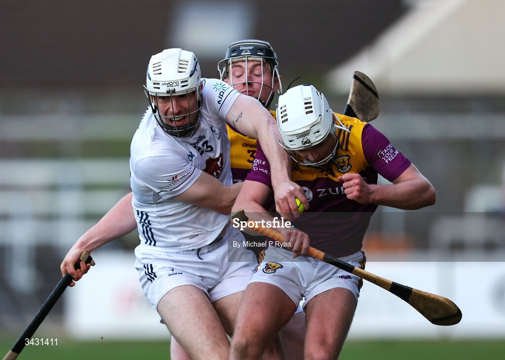 18 April 2026; Richy Hogan of Kildare in action against Cillian Byrne of Wexford during the Leinster GAA Senior Hurling Championship Round 1 match between Kildare and Wexford at Cedral St Conleth's Park in Newbridge, Kildare. Photo by Michael P Ryan/Sportsfile