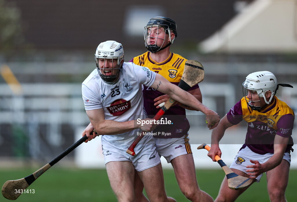 18 April 2026; Richy Hogan of Kildare in action against Cillian Byrne of Wexford during the Leinster GAA Senior Hurling Championship Round 1 match between Kildare and Wexford at Cedral St Conleth's Park in Newbridge, Kildare. Photo by Michael P Ryan/Sportsfile