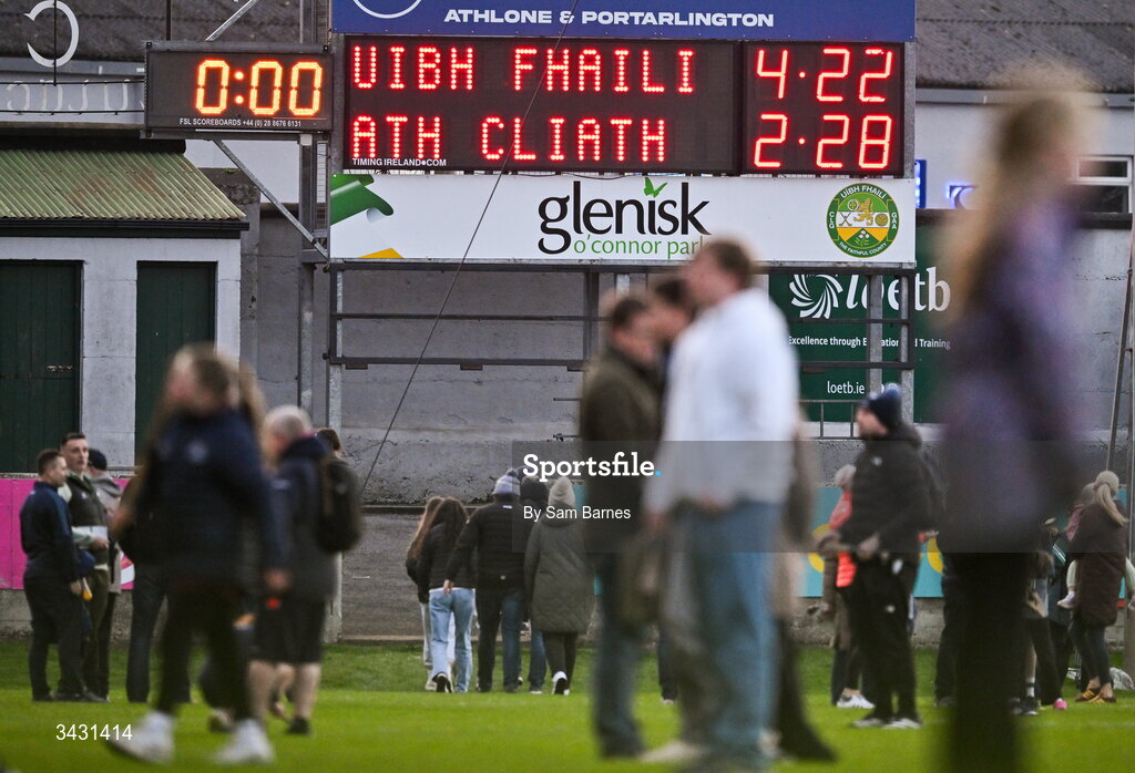 18 April 2026; A general view of the scoreboard after the Leinster GAA Senior Hurling Championship Round 1 match between Offaly and Dublin at Glenisk O'Connor Park in Tullamore, Offaly. Photo by Sam Barnes/Sportsfile