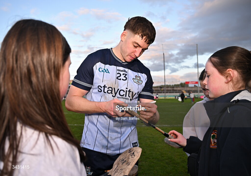 18 April 2026; Dónal Burke of Dublin signs autographs after the Leinster GAA Senior Hurling Championship Round 1 match between Offaly and Dublin at Glenisk O'Connor Park in Tullamore, Offaly. Photo by Sam Barnes/Sportsfile